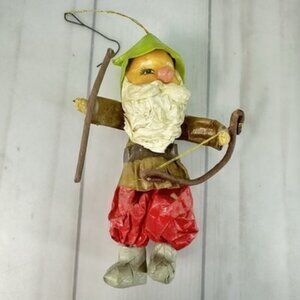Vintage Elf Gnome Paper Mache Christmas Ornament Bow Arrow Woodsman 5"